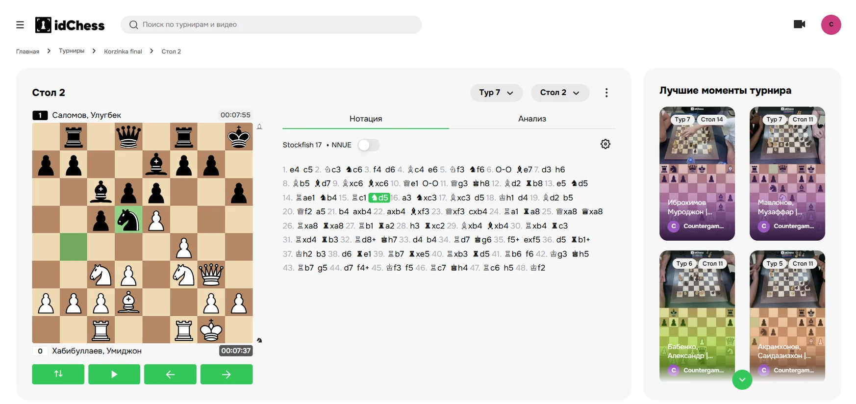 Интерфейс трансляции турнира Korzinka на платформе idChess